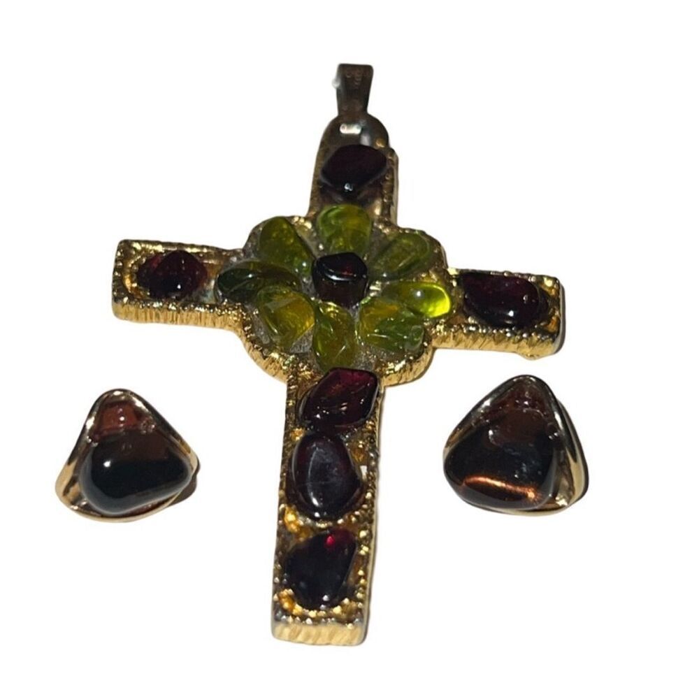 Mid Century Garnet & Peridot Semi Precious Stone Gold Cross Pendent 14k Earrings